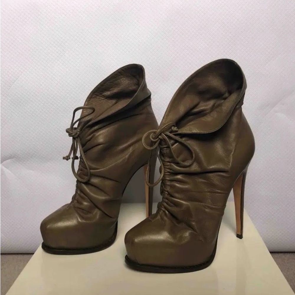Brian Atwood Olive Brown Leather Lace-Up Stiletto Ankle Boots